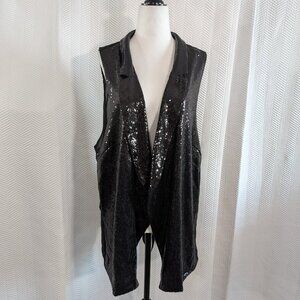 MXM Black Sequin Sheer Waterfall Vest Glam Layering Piece Size 2X Plus Size